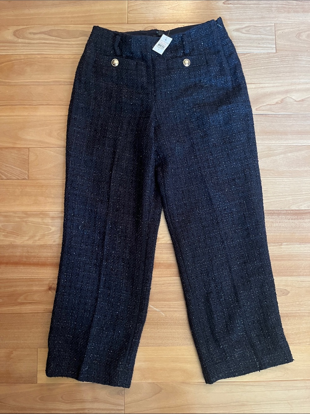 Navy Sparkle Tweed Straight-Leg Button Detail Crop Pants